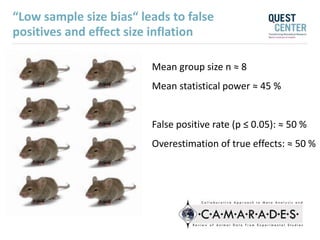 Mean group size n ≈ 8
Mean statistical power ≈ 45 %
False positive rate (p ≤ 0.05): ≈ 50 %
Overestimation of true effects: ≈ 50 %
“Low sample size bias“ leads to false
positives and effect size inflation
 