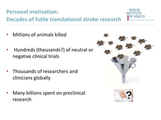Personal motivation:
Decades of futile translational stroke research
• Millions of animals killed
• Hundreds (thousands?) of neutral or
negative clinical trials
• Thousands of researchers and
clinicians globally
• Many billions spent on preclinical
research ?
 
