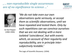 ‚ .. non-reproducible single occurrences
are of no significance to science …‘
The Logic of Scientific Discovery (1934)
Sir Karl Popper
(1902-1994)
‘We do not take even our own
observations quite seriously, or accept
them as scientific observations, until we
have repeated and tested them. Only by
such repetitions can we convince ourselves
that we are not dealing with a mere
isolated ‘coincidence’, but with events
which, on account of their regularity and
reproducibility, are in principle inter-
subjectively testable.’
 