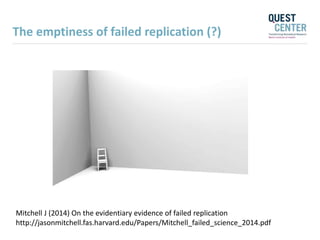 The emptiness of failed replication (?)
Mitchell J (2014) On the evidentiary evidence of failed replication
http://jasonmitchell.fas.harvard.edu/Papers/Mitchell_failed_science_2014.pdf
 