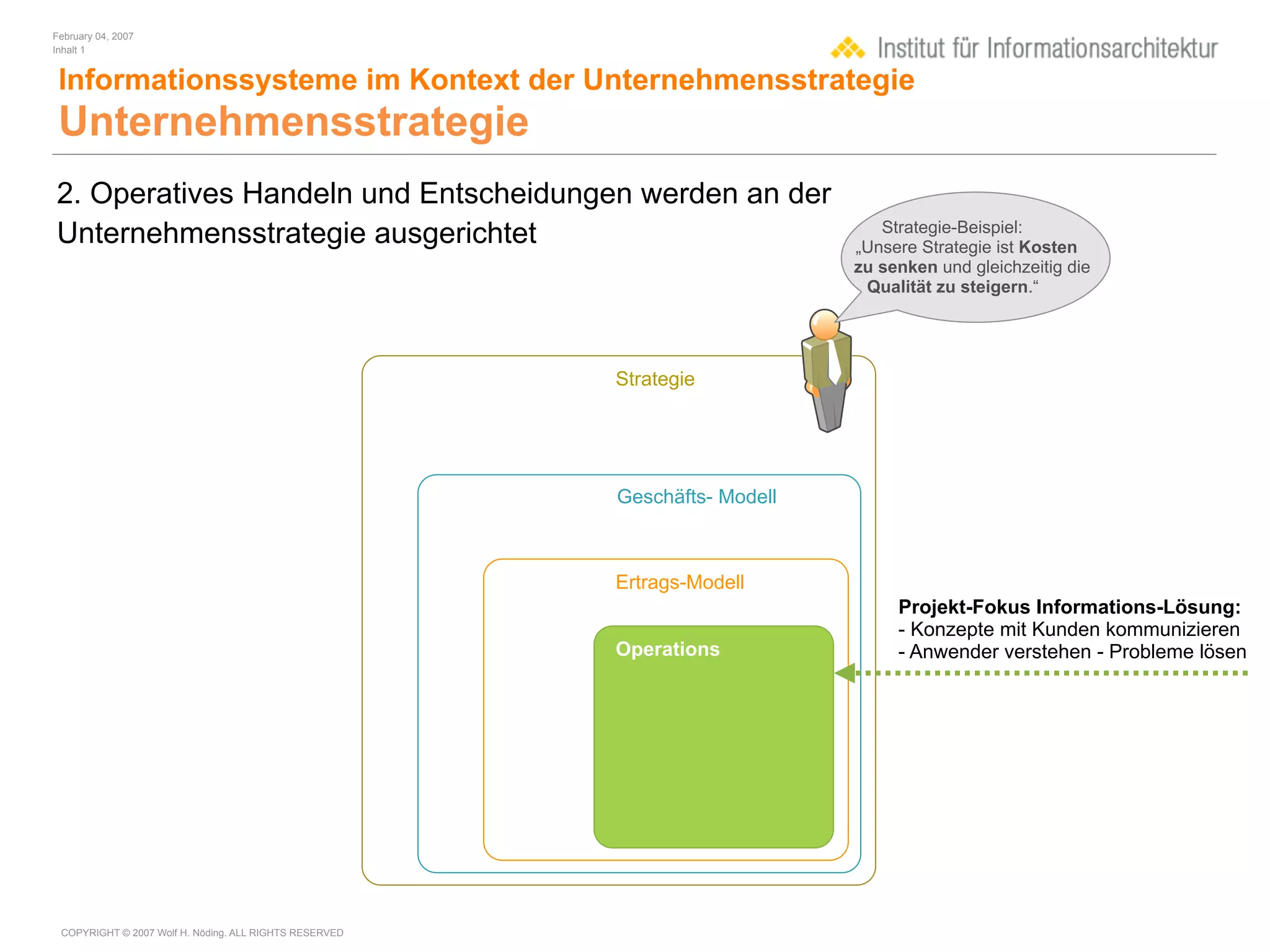 February 04, 2007
Inhalt 1


 Informationssysteme im Kontext der Unternehmensstrategie
 Unternehmensstrategie
2. Operatives Handeln und Entscheidungen werden an der
Unternehmensstrategie ausgerichtet                                             Strategie-Beispiel:
                                                                            „Unsere Strategie ist Kosten
                                                                            zu senken und gleichzeitig die
                                                                             Qualität zu steigern.“




                                                        Strategie




                                                        Geschäfts- Modell



                                                        Ertrags-Modell
                                                                                 Projekt-Fokus Informations-Lösung:
                                                                                 - Konzepte mit Kunden kommunizieren
                                                        Operations               - Anwender verstehen - Probleme lösen




 COPYRIGHT © 2007 Wolf H. Nöding. ALL RIGHTS RESERVED
 