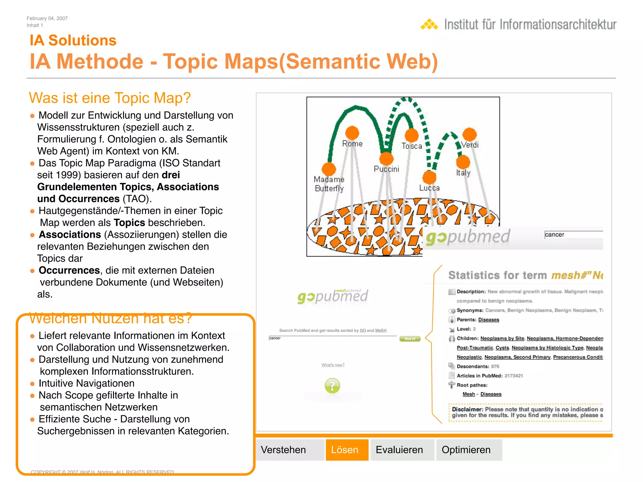 February 04, 2007
Inhalt 1


 IA Solutions
 IA Methode - Topic Maps(Semantic Web)
Was ist eine Topic Map?
• Modell zur Entwicklung und Darstellung von
 Wissensstrukturen (speziell auch z.
 Formulierung f. Ontologien o. als Semantik
 Web Agent) im Kontext von KM.
• Das Topic Map Paradigma (ISO Standart
 seit 1999) basieren auf den drei
 Grundelementen Topics, Associations
 und Occurrences (TAO).
• Hautgegenstände/-Themen in einer Topic
  Map werden als Topics beschrieben.
• Associations (Assoziierungen) stellen die
 relevanten Beziehungen zwischen den
 Topics dar
• Occurrences, die mit externen Dateien
  verbundene Dokumente (und Webseiten)
 als.

Welchen Nutzen hat es?
• Liefert relevante Informationen im Kontext
 von Collaboration und Wissensnetzwerken.
• Darstellung und Nutzung von zunehmend
  komplexen Informationsstrukturen.
• Intuitive Navigationen
• Nach Scope geﬁlterte Inhalte in
  semantischen Netzwerken
• Efﬁziente Suche - Darstellung von
 Suchergebnissen in relevanten Kategorien.
                                                        Verstehen   Lösen   Evaluieren   Optimieren

 COPYRIGHT © 2007 Wolf H. Nöding. ALL RIGHTS RESERVED
 