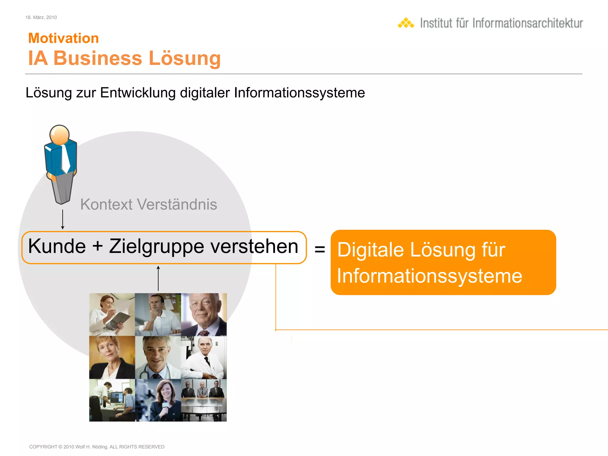 18. März, 2010




 Motivation
 IA Business Lösung
Lösung zur Entwicklung digitaler Informationssysteme




                    Kontext Verständnis

 Kunde + Zielgruppe verstehen = Digitale Lösung für
                                Informationssysteme




 COPYRIGHT © 2010 Wolf H. Nöding. ALL RIGHTS RESERVED
 