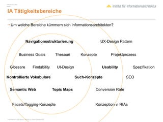February 04, 2007
Inhalt 1



 IA Tätigkeitsbereiche

Um welche Bereiche kümmern sich Informationsarchitekten?



                          Navigationsstrukturierung                                UX-Design Pattern


                    Business Goals                       Thesauri       Konzepte        Projektprozess


     Glossare                       Findability           UI-Design                Usability           Spezifikation

Kontrollierte Vokabulare                                              Such-Konzepte              SEO


     Semantic Web                                       Topic Maps             Conversion Rate


        Facets/Tagging-Konzepte                                                Konzeption v. RIAs


 COPYRIGHT © 2007 Wolf H. Nöding. ALL RIGHTS RESERVED
 