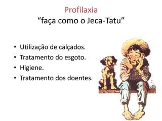 Profilaxia
         “faça como o Jeca-Tatu”

•   Utilização de calçados.
•   Tratamento do esgoto.
•   Higiene.
•   Tratamento dos doentes.
 