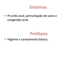 Sintomas
• Prurido anal, perturbação do sono e
  congestão anal.



                 Profilaxia
• Higiene e saneamento básico.
 