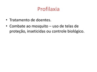 Profilaxia
• Tratamento de doentes.
• Combate ao mosquito – uso de telas de
  proteção, inseticidas ou controle biológico.
 