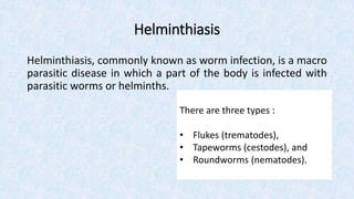 Helminthiasis
Helminthiasis, commonly known as worm infection, is a macro
parasitic disease in which a part of the body is infected with
parasitic worms or helminths.
There are three types :
• Flukes (trematodes),
• Tapeworms (cestodes), and
• Roundworms (nematodes).
 