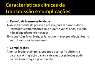  Período de transmissibilidade
Não se transmite de pessoa a pessoa, porém os indivíduos
infectados contaminam o solo durante vários anos, quando
não adequadamente tratados.
Em condições favoráveis, as larvas permanecem infectantes no
solo durante várias semanas.
 Complicações
Anemia, hipoproteinemia, podendo ocorrer insuficiência
cardíaca. A migração da larva através dos pulmões pode
causar hemorragia e pneumonite.
 