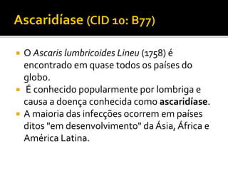  O Ascaris lumbricoides Lineu (1758) é
encontrado em quase todos os países do
globo.
 É conhecido popularmente por lombriga e
causa a doença conhecida como ascaridíase.
 A maioria das infecções ocorrem em países
ditos "em desenvolvimento" da Ásia, África e
América Latina.
 