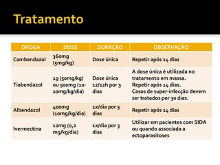 DROGA DOSE DURAÇÃO OBSERVAÇÃO
Cambendazol
360mg
(5mg/kg)
Dose única Repetir após 14 dias
Tiabendazol
1g (50mg/kg)
ou 500mg (10-
20mg/kg/dia)
Dose única
12/12h por 3
dias
A dose única é utilizada no
tratamento em massa.
Repetir após 14 dias.
Casos de super-infecção devem
ser tratados por 30 dias.
Albendazol
400mg
(10mg/kg/dia)
1x/dia por 3
dias
Repetir após 14 dias
Ivermectina
12mg (0,2
mg/kg/dia)
1x/dia por 3
dias
Utilizar em pacientes com SIDA
ou quando associada a
ectoparasitoses
 