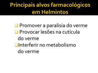  Promover a paralisia do verme
 Provocar lesões na cutícula
do verme
Interferir no metabolismo
do verme
 