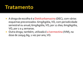  A droga de escolha é a Dietilcarbamazina (DEC), com vários
esquemas preconizados: 6mg/kg/dia,VO, com periodicidade
semestral ou anual; 6mg/kg/dia,VO, por 12 dias; 6mg/kg/dia,
VO, por 2 a 4 semanas.
 Outra droga, também, utilizada é a Ivermectina (IVM), na
dose de 200μg /kg, 1 vez por ano,VO.
 