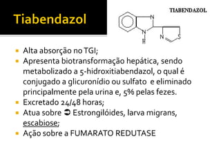  Alta absorção noTGI;
 Apresenta biotransformação hepática, sendo
metabolizado a 5-hidroxitiabendazol, o qual é
conjugado a glicuronídio ou sulfato e eliminado
principalmente pela urina e, 5% pelas fezes.
 Excretado 24/48 horas;
 Atua sobre  Estrongilóides, larva migrans,
escabiose;
 Ação sobre a FUMARATO REDUTASE
 