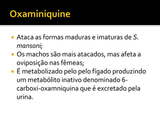  Ataca as formas maduras e imaturas de S.
mansoni;
 Os machos são mais atacados, mas afeta a
oviposição nas fêmeas;
 É metabolizado pelo pelo fígado produzindo
um metabólito inativo denominado 6-
carboxi-oxamniquina que é excretado pela
urina.
 