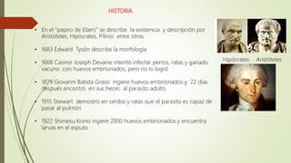 HISTORIA
• En el “papiro de Ebers” se describe la existencia y descripción por
Aristóteles, Hipócrates, Pilinio entre otros
• 1683 Edward Tysón describe la morfología
• 1668 Casimir Joseph Devaine intentó infectar perros, ratas y ganado
vacuno con huevos embrionados, pero no lo logró
• 1879 Giovanni Batista Grassi ingiere huevos embrionados y 22 días
después encontró en sus heces al parasito adulto
• 1915 Stwwart demostró en cerdos y ratas que el parasito es capaz de
pasar al pulmón
• 1922 Shimesu Koino ingiere 2000 huevos embrionados y encuentra
larvas en el esputo
Hipócrates Aristóteles
 