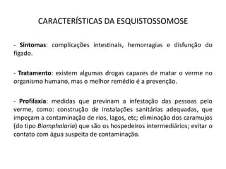 CARACTERÍSTICAS DA ESQUISTOSSOMOSE
- Sintomas: complicações intestinais, hemorragias e disfunção do
fígado.
- Tratamento: existem algumas drogas capazes de matar o verme no
organismo humano, mas o melhor remédio é a prevenção.
- Profilaxia: medidas que previnam a infestação das pessoas pelo
verme, como: construção de instalações sanitárias adequadas, que
impeçam a contaminação de rios, lagos, etc; eliminação dos caramujos
(do tipo Biomphalaria) que são os hospedeiros intermediários; evitar o
contato com água suspeita de contaminação.
 