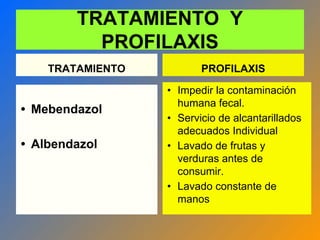 TRATAMIENTO Y
PROFILAXIS
TRATAMIENTO
• Mebendazol
• Albendazol
PROFILAXIS
• Impedir la contaminación
humana fecal.
• Servicio de alcantarillados
adecuados Individual
• Lavado de frutas y
verduras antes de
consumir.
• Lavado constante de
manos
 