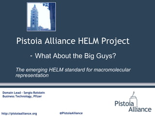 http://pistoiaalliance.org @PistoiaAlliance
Pistoia Alliance HELM Project
- What About the Big Guys?
The emerging HELM standard for macromolecular
representation
Domain Lead – Sergio Rotstein
Business Technology, Pfizer
 