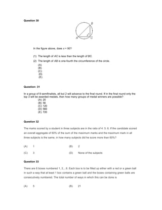 Question 30
....
In the figure above, does x = 90?
(1) The length of AC is less than the length of BC.
(2) The length of AB is one-fourth the circumference of the circle.
(A)
(B)
(C)
(D)
(E)
Question: 31
In a group of 8 semifinalists, all but 2 will advance to the final round. If in the final round only the
top 3 will be awarded medals, then how many groups of medal winners are possible?
(A) 20
(B) 56
(C) 120
(D) 560
(E) 720
Question 32
The marks scored by a student in three subjects are in the ratio of 4: 5: 6. If the candidate scored
an overall aggregate of 60% of the sum of the maximum marks and the maximum mark in all
three subjects is the same, in how many subjects did he score more than 60%?
(A) 1 (B) 2
(C) 3 (D) None of the subjects
Question 33
There are 6 boxes numbered 1, 2,...6. Each box is to be filled up either with a red or a green ball
in such a way that at least 1 box contains a green ball and the boxes containing green balls are
consecutively numbered. The total number of ways in which this can be done is
(A) 5 (B) 21
 