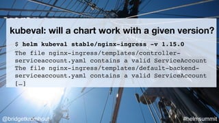 @bridgetkromhout #helmsummit
kubeval: will a chart work with a given version?
$ helm kubeval stable/nginx-ingress -v 1.15.0
The file nginx-ingress/templates/controller-
serviceaccount.yaml contains a valid ServiceAccount
The file nginx-ingress/templates/default-backend-
serviceaccount.yaml contains a valid ServiceAccount
[…]
 
