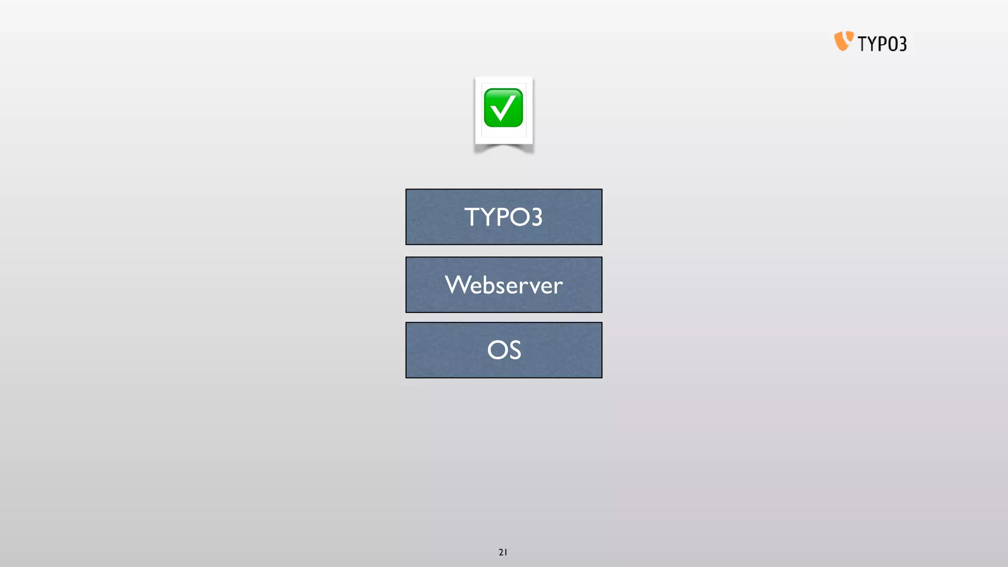 OS
TYPO3
Webserver
21
✅
 