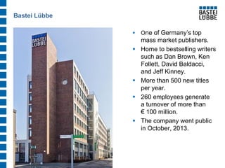 One of Germany’s top mass market publishers. 
Home to bestselling writers such as Dan Brown, Ken Follett, David Baldacci, and Jeff Kinney. 
More than 500 new titles per year. 
260 employees generate a turnover of more than € 100 million. 
The company went public in October, 2013. 
Bastei Lübbe  