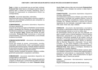 direção.Texto: notícia ou fato a ser comunicado.Protocolo final:
assinatura, nome e titulação dos autores e datas tópica e
cronológica.
CONSTITUIÇÃO - documento diplomático dispositivo
normativo, descendente.
Lei fundamental e suprema de um Estado, que contém normas
respeitantes à formação dos poderes públicos, forma de
governo, distribuição de competências, direitos e deveres dos
cidadãos etc. Também denomina o conjunto de normas
reguladoras de uma instituição, corporação, órgão, embora o
mais usado, nesse caso, seja o estatuto.
CONSULTA - documento não-diplomático, enunciativo,
ascendente ou descendente conforme o âmbito de atuação, se
na administração colonial ou na civil ou militar, atual.
Na administração colonial: ato pelo qual uma instituição, em
geral, conselho, junta ou tribunal assessora o Rei em assunto
determinado, passando-lhe o seu parecer ou conselho. Por
extensão, o documento resultante do ato recebe o nome de
consulta. É o principal documento-atribuição do Conselho
Ultramarino.Protocolo inicial:direção - “Senhor” ou “Senhora”
(Rei ou Rainha). Segue-se a expressão: “Viu-se neste
Conselho...” ou “Por avisos chegados a este Conselho...” ou
equivalente.Texto:motivos que levaram à consulta e o parecer.
Protocolo final: datas tópica e cronológica. Assinatura do
presidente do Conselho. Registros.
Na atualidade:pode designar o ato de solicitar o parecer, assim
como designar o parecer em si.Parecer sobre negócios públicos,
passado por procuradores ou especialistas. Também é
solicitação, na área militar, sobre esclarecimento de algum
dispositivo legal. O mesmo que parecer.
CONTA - documento não-diplomático testemunhal
comprobatório.
Registro contabilizado de fruição de determinado serviço.
Texto: a ordem ou comunicado que se quer fazer conhecer.
Protocolo final: datas tópica e cronológica (quando esta não
aparece após o número da Circular). Assinatura, nome e
titulação do responsável ou simplesmente Diretor (ou
correspondente).
CITAÇÃO - documento diplomático, informativo.
Instrumento pelo qual um oficial público comunica a alguém a
ordem de uma autoridade jurisdicional para comparecer ou
responder perante ela.
COMPROMISSO - documento diplomático dispositivo
normativo, descendente.
Conjunto de normas que regem as finalidades, funcionamento,
direitos e obrigações dos membros de uma entidade privada.
Semelhante ao estatuto e ao regimento. Protocolo inicial: título
- nome da entidade. Texto: conjunto das normas, em geral,
numeradas. Protocolo final: assinaturas e nomes dos
compromissados, ou de seus representantes, ou da comissão
fundadora da entidade.
COMUNICAÇÃO/PAPER - documento não-diplomático,
informativo.
Forma que tomam os avisos, comunicados, convites,
declarações, esclarecimentos, notas e participações quando
publicados pela imprensa escrita. A redação obedece à estrutura
do documento de origem.Portanto, seus respectivos protocolos
e textos são os mesmos daqueles documentos.
Trabalho científico resultado de pesquisa, reflexão ou análise,
geralmente apresentado a congressos e seminários.
COMUNICADO - documento diplomático dispositivo de
correspondência, descendente.
Cientificação de uma notícia ou ordem dirigida pessoalmente
a alguém ou afixada para o conhecimento do público em geral.
Assemelha-se à notificação e ao edital. Protocolo inicial:
COMO FAZER 8 - COMO FAZER ANÁLISE DIPLOMÁTICA E ANÁLISE TIPOLÓGICA DE DOCUMENTO DE ARQUIVO
58 59
 