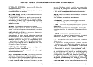 corrente. Autoridades judiciais e notariais que realizam o ato.
Referências ao inventariado. Assinaturas das autoridades.
Texto: dados sobre os filhos. Arrolamento detalhado dos bens
e seus valores. Protocolo final: termos e registros anexos.
INVENTÁRIO - documento não-diplomático informativo,
horizontal.
Lista de itens de um acervo ou de um estoque.
LANÇAMENTO - documento não-diplomático informativo.
Anotação contábil, geralmente em livro próprio.
LAUDO - documento diplomático enunciativo opinativo,
descendente.
Parecer de especialista no qual se expõem observações e
estudos a respeito de um objeto sobre o qual se solicitou uma
perícia.
LAYOUT - documento não-diplomático informativo.
Diagramação de desenhos, letras e imagens em suporte
determinado e limitado; em geral, anterior à impressão.
LEI - documento diplomático dispositivo normativo,
descendente.
Na administração colonial: preceito real que obriga os súditos
a obedecerem as ordens. É a vontade soberana do monarca.
Vigora até sua revogação. Confunde-se com a Carta de Lei,
seguindo sua mesma formalidade e sendo o seu objeto quase
o mesmo. Difere na assinatura, trazendo Rei e não El-Rei.
Norma jurídica emanada do Poder Legislativo que, com caráter
de obrigatoriedade, cria, extingue ou modifica um direito.
Embora editada pelo Legislativo, deve ser promulgada pelo
Poder Executivo. Segundo o Poder Legislativo que a formula, a
lei no Brasil pode ser municipal, estadual ou federal. A LEI
GERAL OU ORDINÁRIA é a mais freqüente, instituída com
caráter geral e comum. Há a especificidade de: LEI
COMPLEMENTAR, isto é, as que complementam disposições
INFORMAÇÃO COMERCIAL - documento não-diplomático
informativo, horizontal.
Opinião dada por um indivíduo sobre outro e que vai informar
cadastros bancários ou de crédito.
INFORMAÇÃO DE SERVIÇO - documento diplomático
opinativo, ascendente.
Esclarecimento passado por autoridade subalterna à
autoridade superior a seu pedido e necessário para a
elaboração de um parecer (com o qual costuma ser confundida)
ou despacho. Em geral, a informação é o resultado do cotejo
de vários informes.
INFORME - documento não-diplomático informativo.
Descrição de fato ou fenômeno tal como foi visto, constatando-
se que, freqüentemente, alimenta a elaboração da informação.
INSTRUÇÃO NORMATIVA - documento diplomático
dispositivo normativo, descendente.
Orientação feita por diretor de órgão público para a execução
de atos normativos, em que faz menção aos artigos, cujos
conteúdos estão sendo detalhados e regulamentados.
Protocolo inicial:título - Instrução, seu número.Ementa.Nome
e qualificação do órgão. Texto: narração/considerata e
dispositivo, antecedido de Resolve. Protocolo final: datas
tópica e cronológica. Assinaturas.
INSTRUÇÃO DE SERVIÇO - documento diplomático
dispositivo normativo, descendente.
Ordem determinando as regras de procedimento ou a execução
de determinados serviços.
INVENTÁRIO POST MORTEM - documento diplomático
testemunhal de assentamento, horizontal, notarial.
Lista contendo a descrição individual e pormenorizada de todos
os bens da herança, sejam eles móveis, imóveis, semoventes
e dívidas. Protocolo inicial: datas tópica e cronológica em texto
COMO FAZER 8 - COMO FAZER ANÁLISE DIPLOMÁTICA E ANÁLISE TIPOLÓGICA DE DOCUMENTO DE ARQUIVO
70 71
 