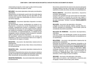 Documento componente dos acervos dos arquivos paroquiais
da Igreja Católica e que são, via de regra: livros de batizado, de
casamento, de óbito, de crisma, de tombo, de contabilidade etc.
REGULAMENTO - documento diplomático, dispositivo
normativo, descendente.
Conjunto das condições em que uma lei deve ser executada.
Também significa o conjunto de normas que regem o
funcionamento de uma subdivisão hierárquica e administrativa
de uma instituição. Também chamado REGULAMENTO
INTERNO.
RELAÇÃO - documento não-diplomático, informativo.
Listagem de nomes de pessoas, objetos, quantias, fatos etc.
Quando solicitada por autoridade e a ela enviada, pode ser
considerada documento ascendente.
RELAÇÃO DE REMESSA - documento não-diplomático,
informativo.
Lista que contém uma identificação sumária de documentos
que acompanham o seu encaminhamento na transferência ou
no recolhimento.
RELATÓRIO - documento não-diplomático testemunhal de
assentamento, ascendente.
Exposição de ocorrências, fatos, despesas, transações ou de
atividades realizadas por autoridade com a finalidade de prestar
conta de seus atos à autoridade superior.Protocolo inicial:título
- RELATÓRIO. Nome, títulos e cargos do destinatário. Texto:
introdução, desenvolvimento e conclusão do assunto objeto do
relatório, trazendo, se for o caso, a recomendação de
providências. Protocolo final: datas tópica e cronológica,
assinatura, nome e cargo do autor do relatório.
RELEASE - documento não-diplomático informativo.
Texto sobre um evento a ser distribuído à imprensa para
divulgação. Também denominado press release.
colecionada por assunto, nome, lugar ou data, de forma avulsa
ou colada sobre folhas de papel ou cartão.
RECURSO - documento diplomático informativo reivindicatório,
ascendente.
Requerimento do interessado quando este não aceita alguma
decisão superior sobre assunto que lhe seja afeito ou não
concorda com notas e/ou classificação em prova ou concurso
que tenha realizado.
REGIMENTO - documento diplomático dispositivo normativo,
descendente.
Na administração colonial: manifestação da vontade do rei.
Representa o conjunto de normas disciplinantes de uma
entidade, estabelecendo direitos e obrigações e regendo
finalidades dos tribunais e de outros órgãos. Quando passado,
por ocasião da nomeação, a uma autoridade, um governador,
um comandante, um superintendente etc., é a relação de suas
obrigações a serem cumpridas à frente do governo, comando,
órgão ou área pela qual será responsável.
Na atualidade: conjunto de princípios e de normas que
estabelece o modo de funcionamento interno de um órgão ou
o desempenho de cargos ou funções.
REGISTRO - documento não-diplomático testemunhal de
assentamento.
Inscrição ou transcrição de atos, fatos, títulos e documentos a
fim de autenticá-los.
REGISTRO CIVIL - documento diplomático testemunhal de
assentamento.
Documento componente dos acervos dos arquivos notariais e
quesão,viaderegra,livrosderegistrosdenascimento,casamento,
óbito, de escrituras, de documentos e de transações várias.
REGISTRO PAROQUIAL - documento diplomático testemunhal
de assentamento.
COMO FAZER 8 - COMO FAZER ANÁLISE DIPLOMÁTICA E ANÁLISE TIPOLÓGICA DE DOCUMENTO DE ARQUIVO
84 85
 