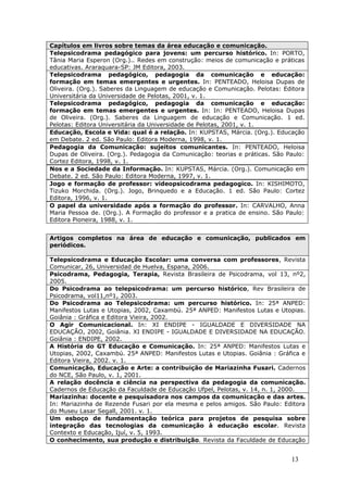 Capítulos em livros sobre temas da área educação e comunicação.
Telepsicodrama pedagógico para jovens: um percurso histórico. In: PORTO,
Tânia Maria Esperon (Org.).. Redes em construção: meios de comunicação e práticas
educativas. Araraquara-SP: JM Editora, 2003.
Telepsicodrama pedagógico, pedagogia da comunicação e educação:
formação em temas emergentes e urgentes. In: PENTEADO, Heloisa Dupas de
Oliveira. (Org.). Saberes da Linguagem de educação e Comunicação. Pelotas: Editora
Universitária da Universidade de Pelotas, 2001, v. 1.
Telepsicodrama pedagógico, pedagogia da comunicação e educação:
formação em temas emergentes e urgentes. In: In: PENTEADO, Heloisa Dupas
de Oliveira. (Org.). Saberes da Linguagem de educação e Comunicação. 1 ed.
Pelotas: Editora Universitária da Universidade de Pelotas, 2001, v. 1.
Educação, Escola e Vida: qual é a relação. In: KUPSTAS, Márcia. (Org.). Educação
em Debate. 2 ed. São Paulo: Editora Moderna, 1998, v. 1.
Pedagogia da Comunicação: sujeitos comunicantes. In: PENTEADO, Heloisa
Dupas de Oliveira. (Org.). Pedagogia da Comunicação: teorias e práticas. São Paulo:
Cortez Editora, 1998, v. 1.
Nos e a Sociedade da Informação. In: KUPSTAS, Márcia. (Org.). Comunicação em
Debate. 2 ed. São Paulo: Editora Moderna, 1997, v. 1.
Jogo e formação de professor: videopsicodrama pedagogico. In: KISHIMOTO,
Tizuko Morchida. (Org.). Jogo, Brinquedo e a Educação. 1 ed. São Paulo: Cortez
Editora, 1996, v. 1.
O papel da universidade após a formação do professor. In: CARVALHO, Anna
Maria Pessoa de. (Org.). A Formação do professor e a pratica de ensino. São Paulo:
Editora Pioneira, 1988, v. 1.


Artigos completos na área de educação e comunicação, publicados em
periódicos.

Telepsicodrama e Educação Escolar: uma conversa com professores, Revista
Comunicar, 26, Universidad de Huelva, Espana, 2006.
Psicodrama, Pedagogia, Terapia, Revista Brasileira de Psicodrama, vol 13, nº2,
2005.
Do Psicodrama ao telepsicodrama: um percurso histórico, Rev Brasileira de
Psicodrama, vol11,nº1, 2003.
Do Psicodrama ao Telepsicodrama: um percurso histórico. In: 25ª ANPED:
Manifestos Lutas e Utopias, 2002, Caxambú. 25ª ANPED: Manifestos Lutas e Utopias.
Goiânia : Gráfica e Editora Vieira, 2002.
O Agir Comunicacional. In: XI ENDIPE - IGUALDADE E DIVERSIDADE NA
EDUCAÇÃO, 2002, Goiânia. XI ENDIPE - IGUALDADE E DIVERSIDADE NA EDUCAÇÃO.
Goiânia : ENDIPE, 2002.
A História do GT Educação e Comunicação. In: 25ª ANPED: Manifestos Lutas e
Utopias, 2002, Caxambú. 25ª ANPED: Manifestos Lutas e Utopias. Goiânia : Gráfica e
Editora Vieira, 2002. v. 1.
Comunicação, Educação e Arte: a contribuição de Mariazinha Fusari. Cadernos
do NCE, São Paulo, v. 1, 2001.
A relação docência e ciência na perspectiva da pedagogia da comunicação.
Cadernos de Educação da Faculdade de Educação Ufpel, Pelotas, v. 14, n. 1, 2000.
Mariazinha: docente e pesquisadora nos campos da comunicação e das artes.
In: Mariazinha de Rezende Fusari por ela mesma e pelos amigos. São Paulo: Editora
do Museu Lasar Segall, 2001. v. 1.
Um esboço de fundamentação teórica para projetos de pesquisa sobre
integração das tecnologias da comunicação à educação escolar. Revista
Contexto e Educação, Ijuí, v. 5, 1993.
O conhecimento, sua produção e distribuição. Revista da Faculdade de Educação


                                                                              13
 