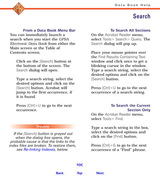 From a Data Book Menu Bar
You can immediately launch a
search when you start the GPSA
Electronic Data Book from either the
Main screen or the Table of
Contents screen.
Click on the [Search] button at
the bottom of the screen. The
Search dialog will open.
Type a search string, select the
desired options and click on the
[Search] button. Acrobat will
jump to the first occurrence, if
it is found.
Press [Ctrl]+U to go to the next
occurrence.
To Search All Sections
On the Acrobat Reader menu,
select Tools> Search> Query. The
Search dialog will pop up.
Place your mouse pointer over
the Find Results Containing Text
window and click once to get a
blinking cursor in the window.
Type a search string, select the
desired options and click on the
[Search] button.
Press [Ctrl]+U to go to the next
occurrence of a search string.
To Search the Current
Section Only
On the Acrobat Reader menu,
select Tools> Find.
Type a search string in the box,
select the desired options and
click on the [Find] button.
Press [Ctrl]+G to go to the next
occurrence of a “Find” phrase.
D a t a B o o k H e l p
Search
Trouble
If the [Search] button is grayed out
when the dialog box opens, the
probable cause is that the links to the
index files are broken. To restore them,
see Re-linking Indexes, below.
Back NextTop
TOC
 