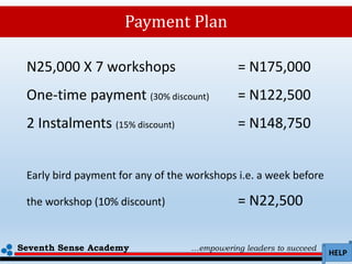 Seventh Sense Academy …empowering leaders to succeed
HELP
Payment Plan
N25,000 X 7 workshops = N175,000
One-time payment (30% discount) = N122,500
2 Instalments (15% discount) = N148,750
Early bird payment for any of the workshops i.e. a week before
the workshop (10% discount) = N22,500
 