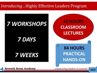 Seventh Sense Academy …empowering leaders to succeed
HELP
Introducing…Highly Effective Leaders Program
7 WORKSHOPS
7 DAYS
7 WEEKS
42 HOURS
CLASSROOM
LECTURES
84 HOURS
PRACTICAL
HANDS-ON
 