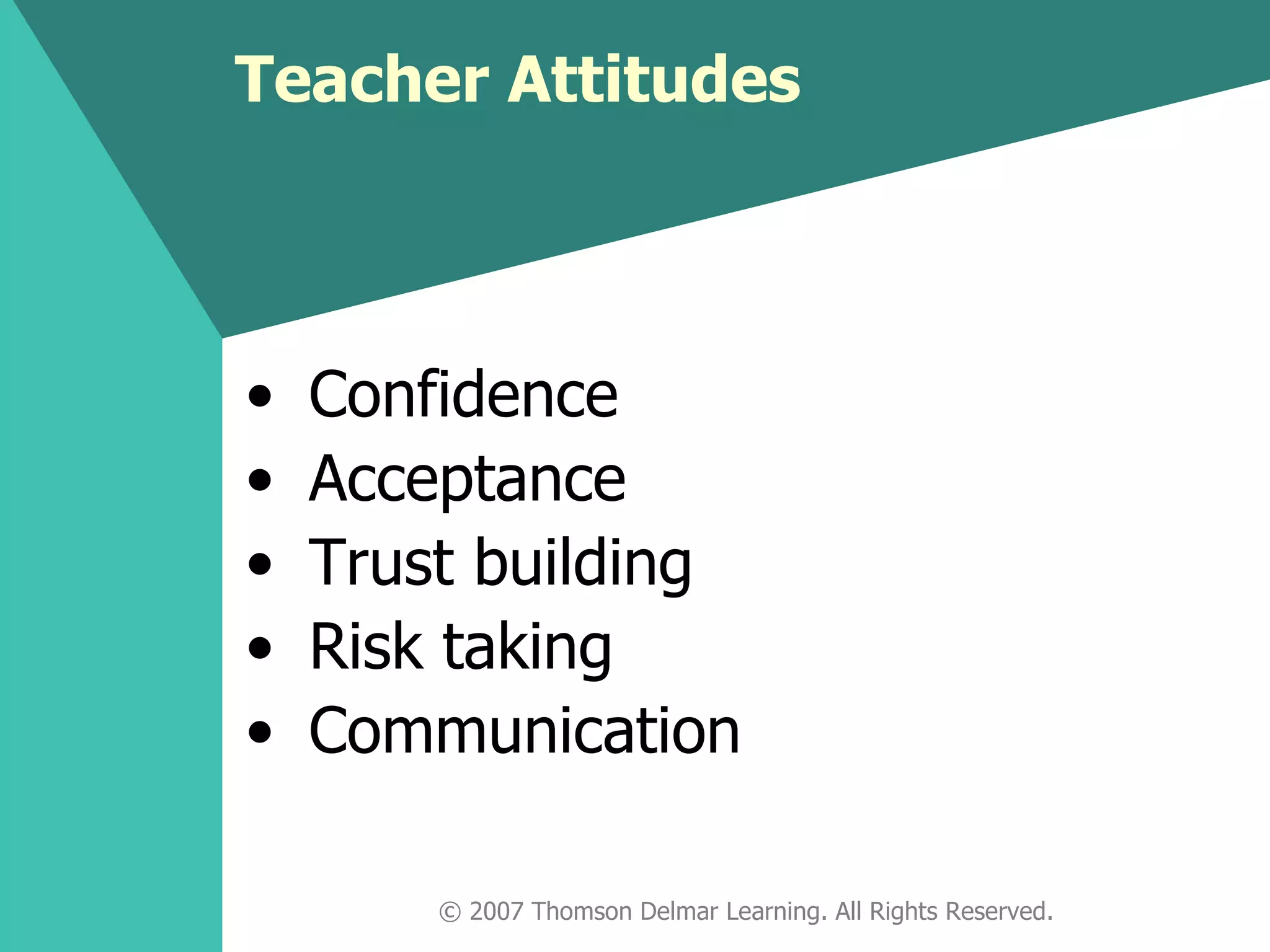 Teacher Attitudes © 2007 Thomson Delmar Learning. All Rights Reserved. Confidence Acceptance Trust building Risk taking Communication 