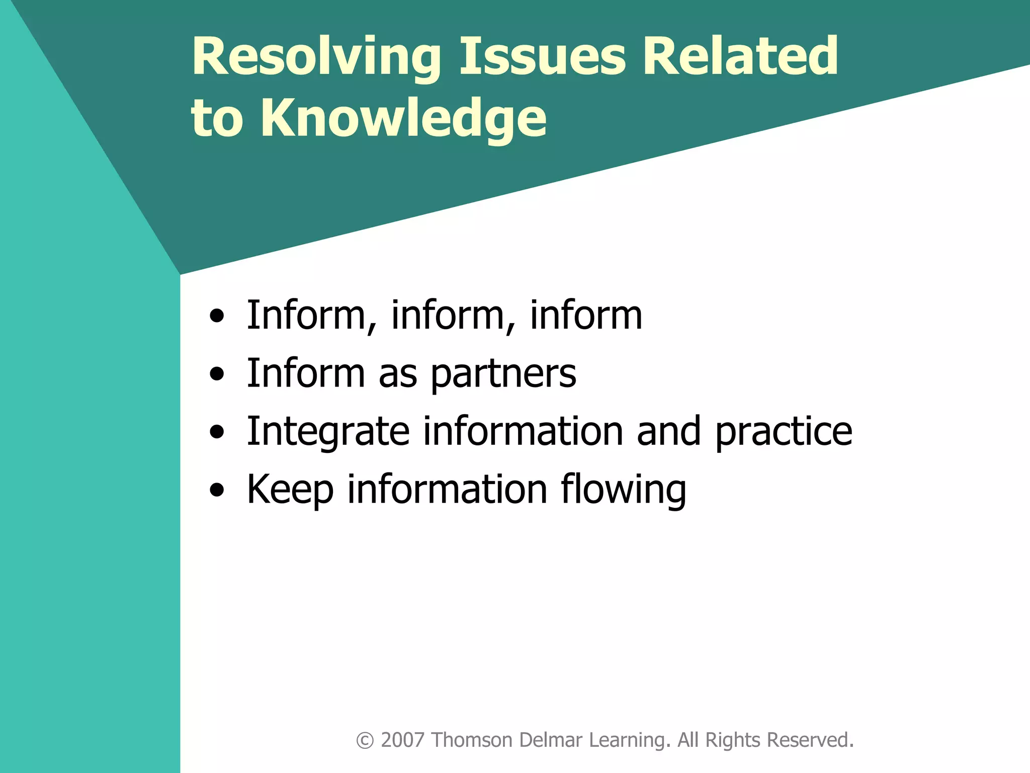 Resolving Issues Related to Knowledge Inform, inform, inform Inform as partners Integrate information and practice Keep information flowing © 2007 Thomson Delmar Learning. All Rights Reserved. 