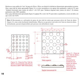 Realizou-se uma análise do "erro" de peças de 20cm x 20cm, em relação às tolerâncias dimensionais apresentadas na norma.
Para a peça tátil de alerta apresentada (figura 11), os erros encontram-se em apenas dois parâmetros, sendo de 5% para
"distância horizontal entre centros de relevo" e de 5,8% para "distância diagonal entre centros de relevo". Os demais
parâmetros estão 100% atendidos.
Para a peça tátil direcional apresentada (figura 14, página 20), o erro é de 5% para todos os parâmetros, exceto um deles, em
que o erro é de 15,6%.
Figura 10 - Peça de Piso Tátil de
Alerta (recomendada pela Norma
Brasileira ABNT NBR 9050/2004)
Figura 11 - Peça de
Piso Tátil de Alerta -
comercialmente
viável e
tecnicamente
aceitável (com
seção de esfera
utilizada com
efetividade na
cidade de Belo
Horizonte)
18
Dica 3: Recomenda-se a utilização de peças de piso tátil de alerta que possuam relevo de 5mm de altura
(figura 11), estas serão facilmente identificadas. Observa-se que pisos com relevo de 3mm ou 4mm de altura,
normalmente, passam despercebidos por pessoas com deficiência visual.
cartilha CREA - 96 paginas FINAL.qxd 11/28/06 3:12 PM Page 18
 