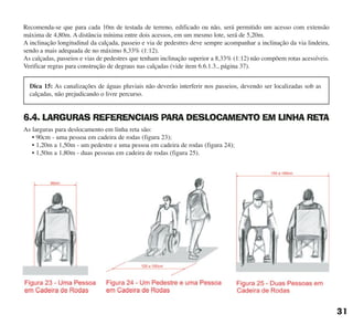 Recomenda-se que para cada 10m de testada de terreno, edificado ou não, será permitido um acesso com extensão
máxima de 4,80m. A distância mínima entre dois acessos, em um mesmo lote, será de 5,20m.
A inclinação longitudinal da calçada, passeio e via de pedestres deve sempre acompanhar a inclinação da via lindeira,
sendo a mais adequada de no máximo 8,33% (1:12).
As calçadas, passeios e vias de pedestres que tenham inclinação superior a 8,33% (1:12) não compõem rotas acessíveis.
Verificar regras para construção de degraus nas calçadas (vide item 6.6.1.3., página 37).
6.4. LARGURAS REFERENCIAIS PARA DESLOCAMENTO EM LINHA RETA
As larguras para deslocamento em linha reta são:
• 90cm - uma pessoa em cadeira de rodas (figura 23);
• 1,20m a 1,50m - um pedestre e uma pessoa em cadeira de rodas (figura 24);
• 1,50m a 1,80m - duas pessoas em cadeira de rodas (figura 25).
31
Dica 15: As canalizações de águas pluviais não deverão interferir nos passeios, devendo ser localizadas sob as
calçadas, não prejudicando o livre percurso.
cartilha CREA - 96 paginas FINAL.qxd 11/28/06 3:12 PM Page 31
 