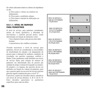 Os valores adicionais relativos a fatores de impedância
(i) são:
a) 45cm junto a vitrines ou comércio no
alinhamento;
b) 25cm junto a mobiliário urbano;
c) 25cm junto à entrada de edificações no
alinhamento.
6.6.1.1. NÍVEL DE SERVIÇO
PARA PEDESTRES
O nível de serviço, para pedestres caminhando,
define de forma qualitativa a liberdade de
movimentos e conforto pessoal destes, sendo
determinado em função de elementos como:
• área disponível para cada pessoa num dado
instante;
• características dos conflitos existentes.
Visando maximizar o nível de serviço para
pedestres, devem ser consideradas as necessidades
de desobstrução da calçada e de alargamento do
passeio para a obtenção de melhores condições de
circulação, nos quesitos segurança, conforto e
fluidez. Estes parâmetros estão definidos nos níveis
de serviço dados pela relação do número de
pedestres em determinada área de passeio por
unidade de tempo (volume/m2/segundo ou minuto).
Os projetos e as larguras dos passeios devem ser
definidos em função do volume de pedestres, para
que o passeio opere em um nível de serviço máximo
próximo àquele estabelecido para o nível “C”.
É possível, a partir dos desenhos abaixo, identificar
seis níveis de serviço distintos: A, B, C, D, E e F.
Estes desenhos apresentam os parâmetros
específicos para cada um deles.
36
cartilha CREA - 96 paginas FINAL.qxd 11/28/06 3:12 PM Page 36
 