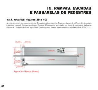 12. RAMPAS, ESCADAS
E PASSARELAS DE PEDESTRES
12.1. RAMPAS (figuras 39 e 40)
As rotas acessíveis não podem apresentar degrau de qualquer natureza. Pequenos degraus de até 5mm não demandam
tratamento especial. Degraus superiores a 5mm até 15mm devem ser tratados em forma de rampa com inclinação
máxima de 1:2 (50%). Desníveis superiores a 15mm devem ser tratados como rampas com inclinação de até 8,33% (1:12).
60
cartilha CREA - 96 paginas FINAL.qxd 11/28/06 3:12 PM Page 60
 