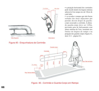 • a projeção horizontal dos corrimãos
pode incidir dentro da largura mínima
admissível da rampa em até 10cm de
cada lado;
• as escadas e rampas que não forem
isoladas das áreas adjacentes por
paredes devem dispor de guarda-
corpo associado a corrimão. A altura
do guarda-corpo deve ser 1,05m,
prevendo guia de balizamento com
altura mínima de 5cm, instalada nos
limites da largura da rampa e na
projeção dos guarda-corpos (figura 41,
item 12.1 - página 61).
66
cartilha CREA - 96 paginas FINAL.qxd 11/28/06 3:12 PM Page 66
 