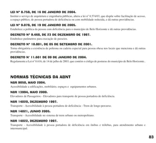 LEI Nº 8.758, DE 16 DE JANEIRO DE 2004.
Institui o serviço de arquitetura e engenharia públicas, altera a lei nº 8.574/03, que dispõe sobre facilitação de acesso,
a espaço público, de pessoa portadora de deficiência ou com mobilidade reduzida, e dá outras providências.
LEI Nº 9.078, DE 19 DE JANEIRO DE 2005.
Estabelece a política da pessoa com deficiência para o município de Belo Horizonte e dá outras providências.
DECRETO Nº 9.468, DE 23 DE DEZEMBRO DE 1997.
Estabelece parâmetros para execução de passeios.
DECRETO Nº 10.801, DE 05 DE SETEMBRO DE 2001.
Torna obrigatória a existência de poltrona ou cadeira especial para pessoa obesa nos locais que menciona e dá outras
providências.
DECRETO N° 11.601 DE 09 DE JANEIRO DE 2004.
Regulamenta a Lei nº 8.616, de 14 de julho de 2003, que contém o código de posturas do município de Belo Horizonte..
NORMAS TÉCNICAS DA ABNT
NBR 9050, MAIO 2004.
Acessibilidade a edificações, mobiliário, espaços e equipamentos urbanos.
NBR 13994, MAIO 2000.
Elevadores de Passageiros - Elevadores para transporte de pessoa portadora de deficiência.
NBR 14020, DEZEMBRO 1997.
Transporte - Acessibilidade à pessoa portadora de deficiência - Trem de longo percurso.
NBR 14021, JUNHO 2005.
Transporte - Acessibilidade no sistema de trem urbano ou metropolitano.
NBR 14022, DEZEMBRO 1997.
Transporte - Acessibilidade à pessoa portadora de deficiência em ônibus e trólebus, para atendimento urbano e
intermunicipal.
83
cartilha CREA - 96 paginas FINAL.qxd 11/28/06 3:13 PM Page 83
 