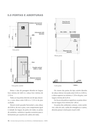 5.0 PORTAS E ABERTURAS




                      Vista porta


                                                                                                    Planta porta




                     Vista porta vaivém                                                             Corte porta


                 Portas e vãos de passagem deverão ter largura                                       Os visores das portas do tipo vaivém deverão
             livre mínima de 0,80 m e altura livre mínima de                                     ter altura inferior iniciando entre 0,40 m e 0,90 m,
             2,10 m.                                                                             e altura superior no mínimo a 1,50 m do piso, com
                 Todas as maçanetas deverão ser do tipo alavan-                                  largura mínima de 0,20 m.
             ca, a uma altura entre 0,90 m e 1,10 m do piso                                          Em locais de práticas esportivas as portas deve-
             acabado.                                                                            rão ter largura livre mínima de 1,00 m.
                 Deverá existir puxador horizontal a uma altura                                      As portas dos ambientes comuns, como sanitá-
             de 0,90 m, de eixo a piso, com comprimento igual                                    rios, salas de aula, saídas de emergência e outros,
             à metade da largura da porta em todas as portas                                     deverão possuir sinalização visual e tátil.
             de sanitários, vestiários e quartos acessíveis para o
             fechamento por usuários de cadeira de rodas.


             14 | Secretaria Municipal da Pessoa com Deficiência e Mobilidade Reduzida | SMPED




28369002 acessibilidade.indd 14                                                                                                                     08/08/08 12:08:25
 