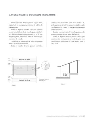 7.0 ESCADAS E DEGRAUS ISOLADOS


                   Todas as escadas deverão possuir largura míni-                      contínuos nos dois lados, com altura de 0,92 m,
               ma de 1,20 m, com patamar mínimo de 1,20 m de                           prolongamento de 0,30 m nas extremidades, seção
               comprimento;                                                            circular entre 3,0 cm e 4,5 cm e permitir passagem
                   Todos os degraus isolados e escadas deverão                         contínua da mão.
               possuir piso tátil de alerta com largura entre 0,25                         Escadas com mais de 2,40 m de largura deverão
               m e 0,60 m, distante no máximo a 0,32 m da mu-                          possuir corrimão central, além dos laterais.
               dança de plano, localizado antes do início e após                           Todos os degraus deverão possuir sinalização
               o término da escada.                                                    visual em cor contrastante na borda do piso com
                    A inclinação transversal de todos os degraus                       comprimento mínimo de 20 cm e largura entre 2
               deverá ser de no máximo 1%.                                             cm e 3 cm.
                   Todas as escadas deverão possuir corrimãos




               0,25 a
               0,60 m


               Máx.
                                                                         cm




               0,32 m
                                                                       3
                                                                      a
                                                                     2




                                  0,28 a 0,32 m   20 cm




               Máx.
               0,32 m
               0,25 a                                        Sinalização visual na
               0,60 m                                        borda do piso


                                                                                                             Corte
                        Planta




                                                                              Secretaria Municipal da Pessoa com Deficiência e Mobilidade Reduzida | SMPED | 17




28369002 acessibilidade.indd 17                                                                                                                             08/08/08 12:08:26
 