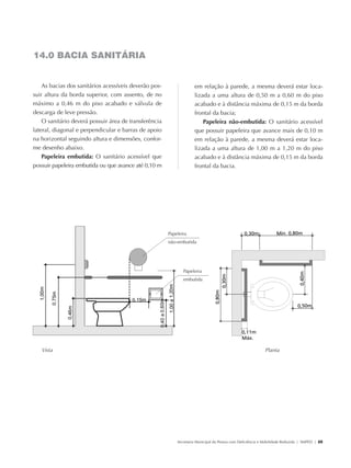 14.0 BACIA SANITÁRIA


                   As bacias dos sanitários acessíveis deverão pos-                em relação à parede, a mesma deverá estar loca-
               suir altura da borda superior, com assento, de no                   lizada a uma altura de 0,50 m a 0,60 m do piso
               máximo a 0,46 m do piso acabado e válvula de                        acabado e à distância máxima de 0,15 m da borda
               descarga de leve pressão.                                           frontal da bacia;
                   O sanitário deverá possuir área de transferência                    Papeleira não-embutida: O sanitário acessível
               lateral, diagonal e perpendicular e barras de apoio                 que possuir papeleira que avance mais de 0,10 m
               na horizontal seguindo altura e dimensões, confor-                  em relação à parede, a mesma deverá estar loca-
               me desenho abaixo.                                                  lizada a uma altura de 1,00 m a 1,20 m do piso
                   Papeleira embutida: O sanitário acessível que                   acabado e à distância máxima de 0,15 m da borda
               possuir papeleira embutida ou que avance até 0,10 m                 frontal da bacia.




                                                                      Papeleira
                                                                      não-embutida




                                                                             Papeleira
                                                                             embutida




                    Vista                                                                                                  Planta




                                                                          Secretaria Municipal da Pessoa com Deficiência e Mobilidade Reduzida | SMPED | 25




28369002 acessibilidade.indd 25                                                                                                                         08/08/08 12:08:32
 