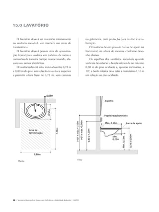 15.0 LAVATÓRIO


                 O lavatório deverá ser instalado internamente                                      ou gabinetes, com proteção para o sifão e a tu-
             ao sanitário acessível, sem interferir nas áreas de                                    bulação.
             transferência.                                                                            O lavatório deverá possuir barras de apoio na
                 O lavatório deverá possuir área de aproxima-                                       horizontal, na altura do mesmo, conforme dese-
             ção frontal para usuários em cadeiras de rodas e                                       nho abaixo.
             comandos de torneira do tipo monocomando, ala-                                            Os espelhos dos sanitários acessíveis quando
             vanca ou sensor eletrônico.                                                            verticais deverão ter a borda inferior de no máximo
                 O lavatório deverá estar instalado entre 0,78 m                                    0,90 m do piso acabado e, quando inclinados, a
             e 0,80 m do piso em relação à sua face superior                                        10°, a borda inferior deve estar a no máximo 1,10 m
             e permitir altura livre de 0,73 m, sem colunas                                         em relação ao piso acabado.




                                                                                            Vista
                   Planta




             26 | Secretaria Municipal da Pessoa com Deficiência e Mobilidade Reduzida | SMPED




28369002 acessibilidade.indd 26                                                                                                                       08/08/08 12:08:32
 