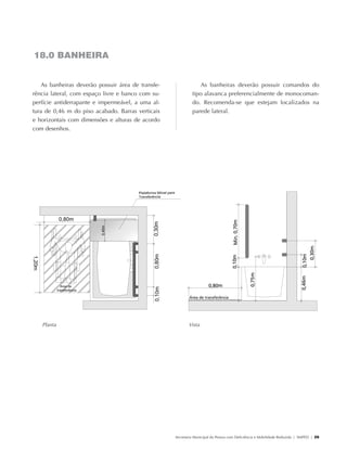 18.0 BANHEIRA


                   As banheiras deverão possuir área de transfe-               As banheiras deverão possuir comandos do
               rência lateral, com espaço livre e banco com su-             tipo alavanca preferencialmente de monocoman-
               perfície antiderrapante e impermeável, a uma al-             do. Recomenda-se que estejam localizados na
               tura de 0,46 m do piso acabado. Barras verticais             parede lateral.
               e horizontais com dimensões e alturas de acordo
               com desenhos.




                     Planta                                               Vista




                                                                   Secretaria Municipal da Pessoa com Deficiência e Mobilidade Reduzida | SMPED | 29




28369002 acessibilidade.indd 29                                                                                                                  08/08/08 12:08:33
 