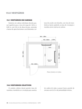 19.0 VESTIÁRIO


            19.1 VESTIÁRIOS EM CABINAS
                Vestiários em cabinas individuais deverão pos-                                   turas de acordo com desenho, com área de trans-
            suir superfície para a troca de roupa de 1,80 m x                                    ferência lateral, podendo as áreas de circulação e
            0,80 m, com 0,46 m de altura do piso, associada                                      manobra serem externas às cabinas.
            a barras de apoio horizontais com dimensões e al-




                                                                                                     Planta Vestiário em Cabina




             19.2 VESTIÁRIOS COLETIVOS
               O vestiário coletivo deverá permitir áreas de                                     de cadeira de rodas e possuir banco provido de
             manobras, transferência e circulação para usuários                                  encosto com 0,45 m de profundidade mínima.




             30 | Secretaria Municipal da Pessoa com Deficiência e Mobilidade Reduzida | SMPED




28369002 acessibilidade.indd 30                                                                                                                   08/08/08 12:08:34
 