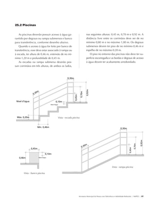 25.2 Piscinas


                   As piscinas deverão possuir acesso à água ga-                   nas seguintes alturas: 0,45 m, 0,70 m e 0,92 m. A
               rantido por degraus ou rampa submersos e banco                      distância livre entre os corrimãos deve ser de no
               para transferência, conforme desenho abaixo.                        mínimo 0,80 m e no máximo 1,00 m. Os degraus
                   Quando o acesso à água for feito por banco de                   submersos devem ter piso de no mínimo 0,46 m e
               transferência, esse deve estar associado à rampa ou                 espelho de no máximo 0,20 m.
               à escada, ter altura de 0,46 m, extensão de no mí-                      O piso no entorno das piscinas não deve ter su-
               nimo 1,20 m e profundidade de 0,45 m.                               perfície escorregadia e as bordas e degraus de acesso
                   As escadas ou rampa submersa deverão pos-                       à água devem ter acabamento arredondado.
               suir corrimãos em três alturas, de ambos os lados,




                                                     Vista - escada piscina




                                                                                                                   Vista - rampa piscina

                           Vista - banco piscina




                                                                          Secretaria Municipal da Pessoa com Deficiência e Mobilidade Reduzida | SMPED | 37




28369002 acessibilidade.indd 37                                                                                                                         08/08/08 12:08:38
 