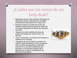 ¿Cuáles son las metas de un
help desk?
O Asegúrese de que cada miembro del equipo de
Help Desk tenga la capacidad de completar
exitosamente cada ejercicio en este curso.
O Resuelva todos los problemas de PC que
queden al alcance de sus servicios dentro de
un período específico de tiempo (por ejemplo,
dos días).
O Asigne una cierta cantidad de horas de
soporte de equipo por usuario final y por
semana.
O Cree y mantenga un inventario de hardware y
software de su escuela.
O Asegúrese de que el sistema operativo de
cada PC esté actualizado con los programas
más recientes de seguridad y protección
antivirus en un período predefinido (por
ejemplo en una semana después de la
liberación de cualquier actualización por
Microsoft Corporation).
 